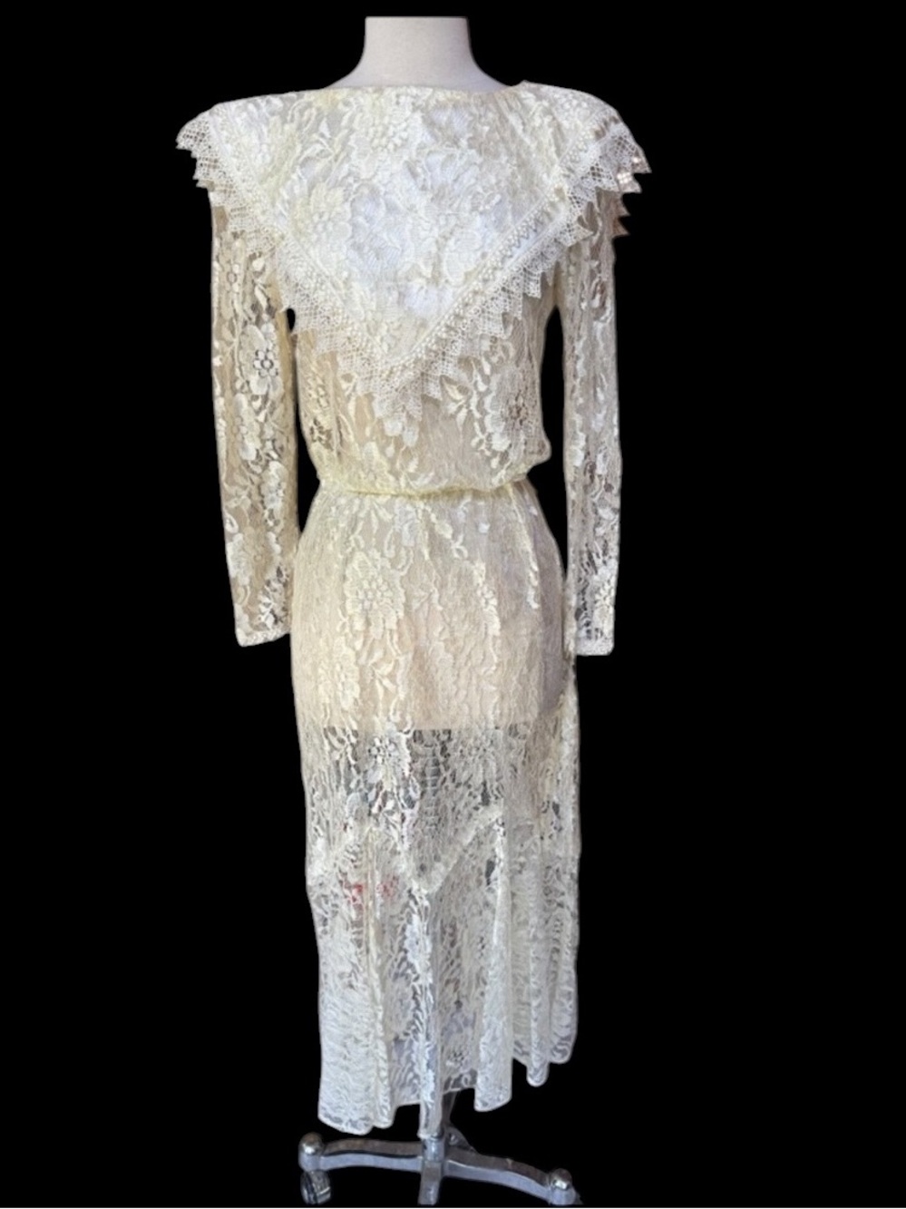 1980s Victorian Edwardian Style Ivory‎ Lace Overlay Bridal Dress